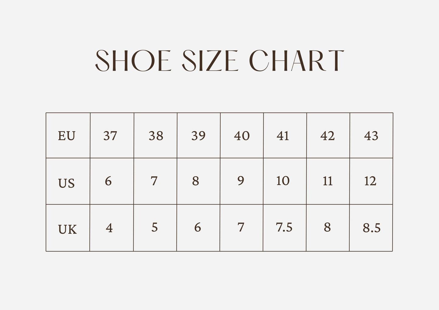 A shoe size chart graphic with a table showing conversions between EU, US, and UK sizes, with numbers ranging from 37 to 8.5.