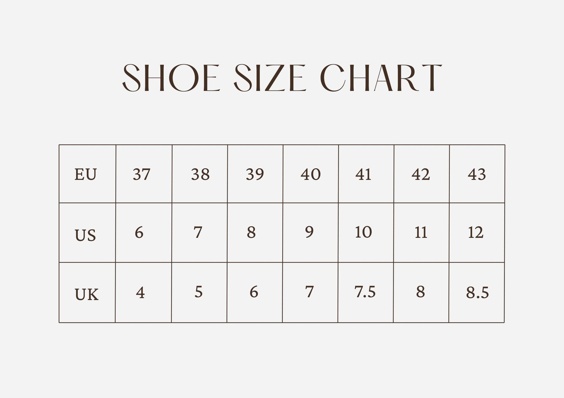 A shoe size chart graphic with a table showing conversions between EU, US, and UK sizes, with numbers ranging from 37 to 8.5.