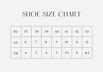 A shoe size chart graphic with a table showing conversions between EU, US, and UK sizes, with numbers ranging from 37 to 8.5.